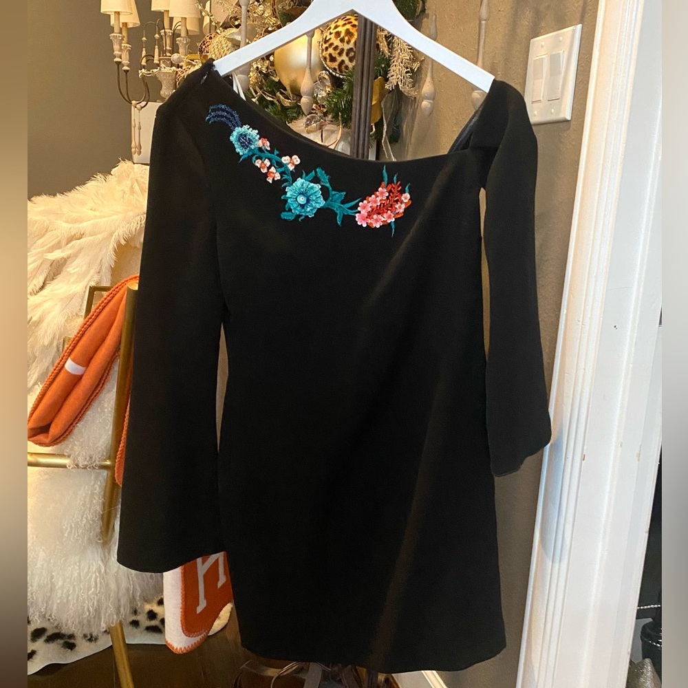 Floral Appliqué Asymmetrical Black Dress